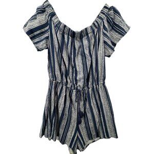 Bebop Womens Romper Sz L Blue Striped Linen Tassel Beachy Casual Resort Cruise